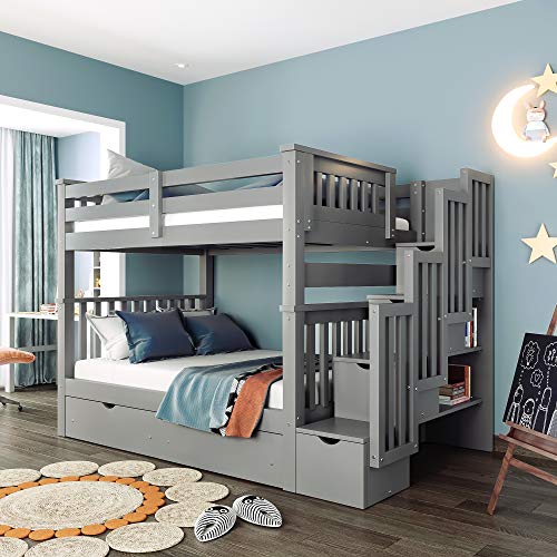 Twin Over Twin/Full Bunk Bed with Trundle and Drawers, Solid Wood Staircase T72769