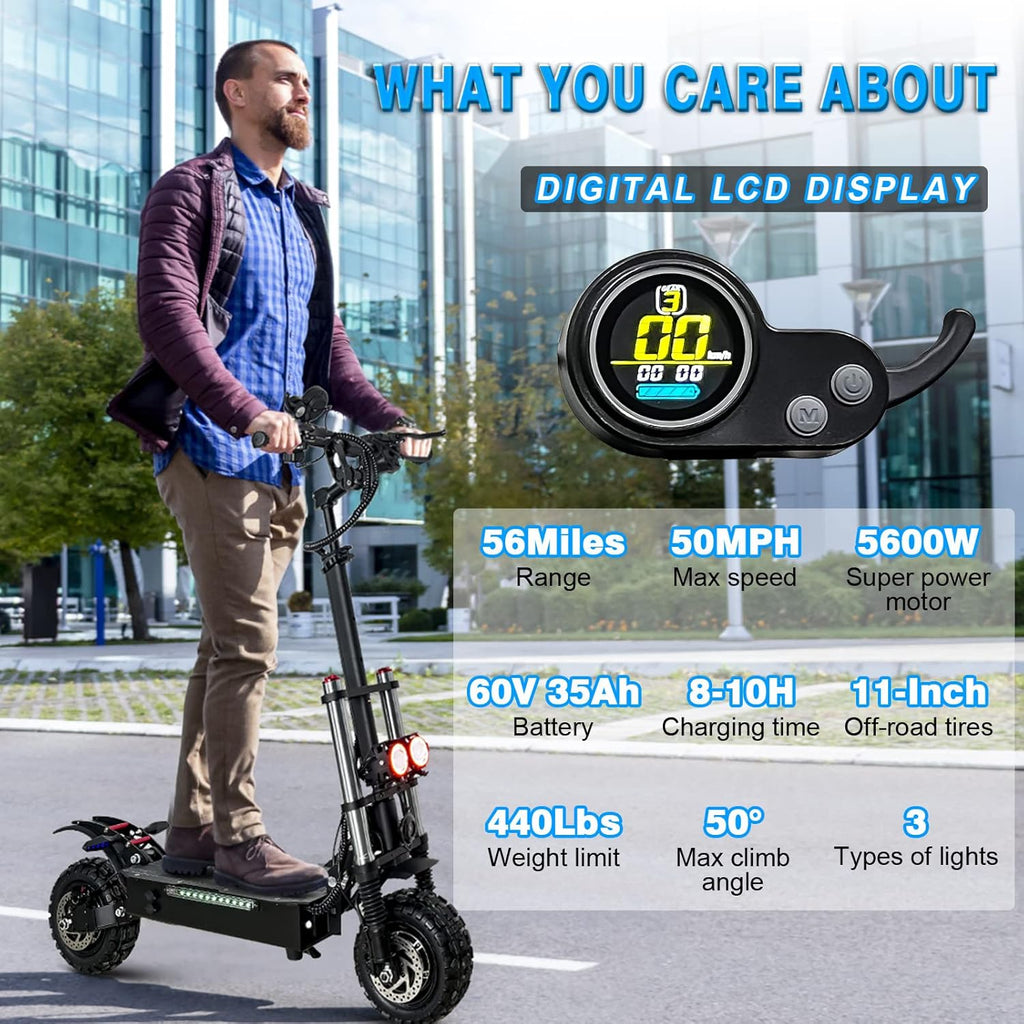 Electric Scooter for Adults with Seat, 50 MPH, 60+ Miles Range, Foldable, 11" Fat Tires V7253