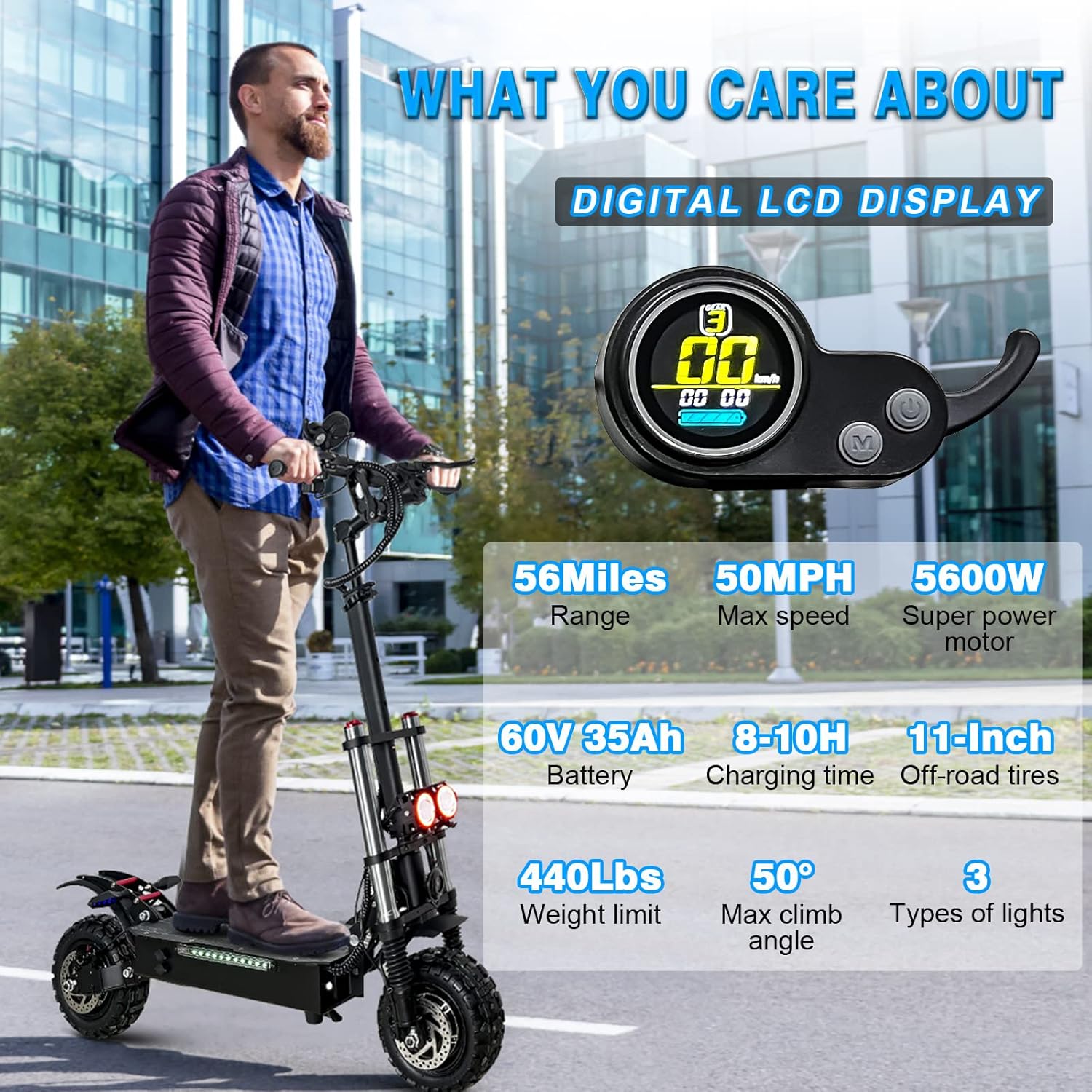 Electric Scooter for Adults with Seat, 50 MPH, 60+ Miles Range, Foldable, 11" Fat Tires V7253
