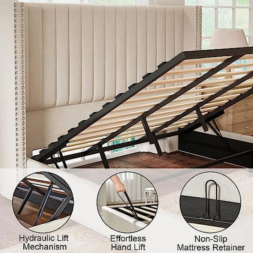 Queen Bed Frame Lift Up Storage Bed, Velvet Upholstered with Wingback Headboard W92086