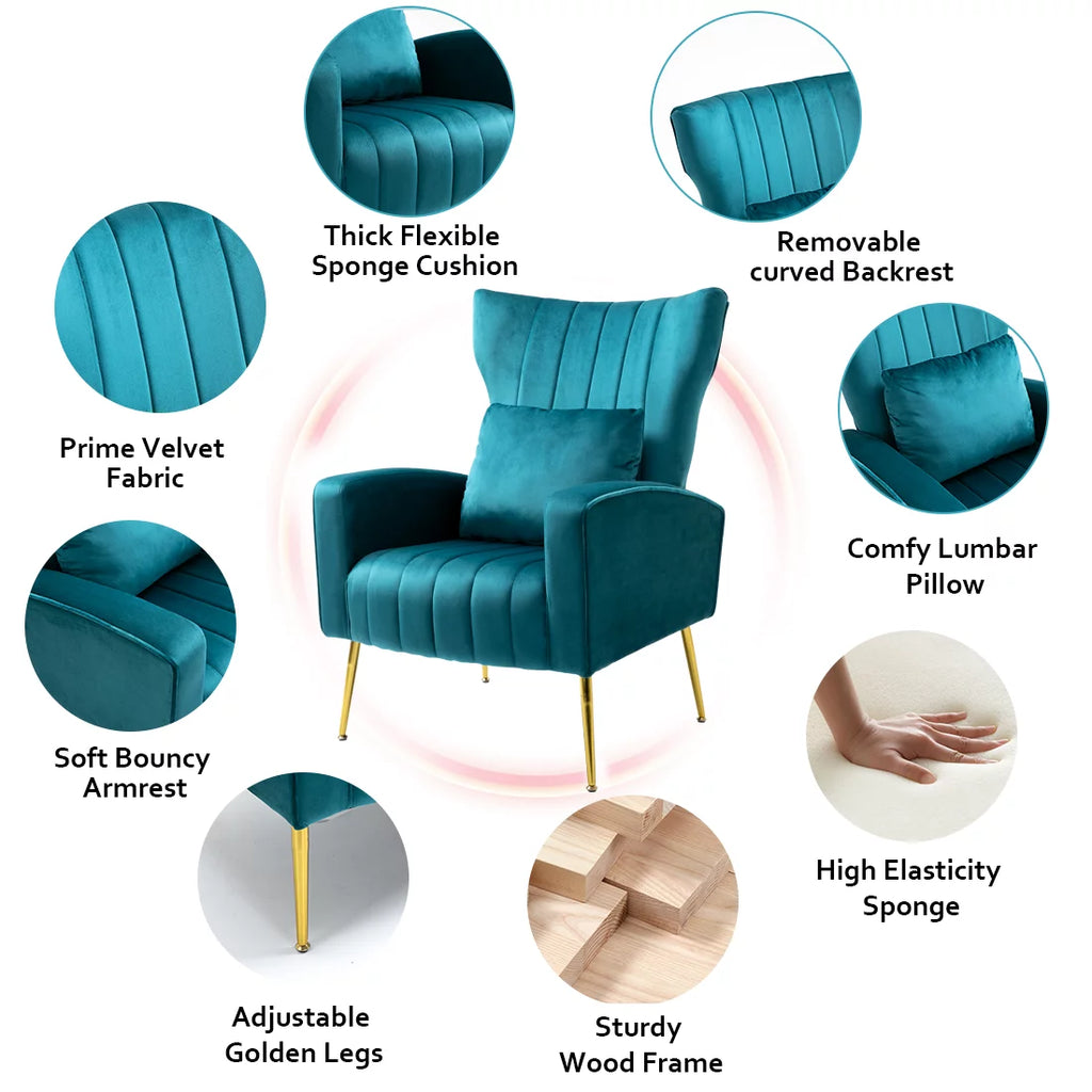 Velvet Accent Chair Set of 2 with Lumbar Pillow, High Back, Golden Metal Legs, Blue Teal L870787