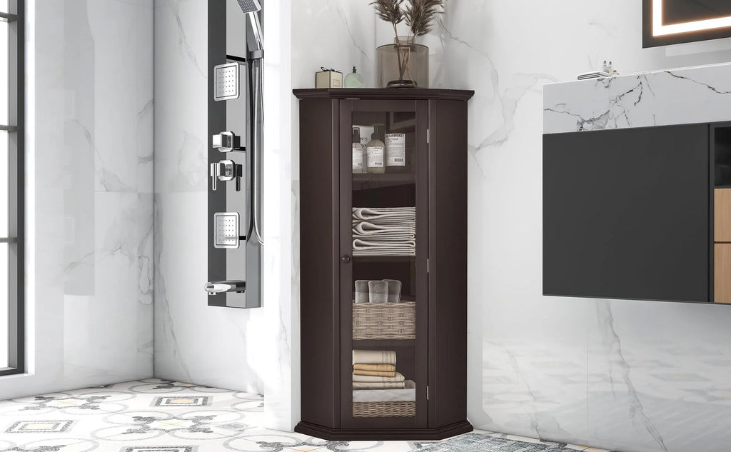 Freestanding Bathroom Cabinet with Glass Door, Corner Storage W61167