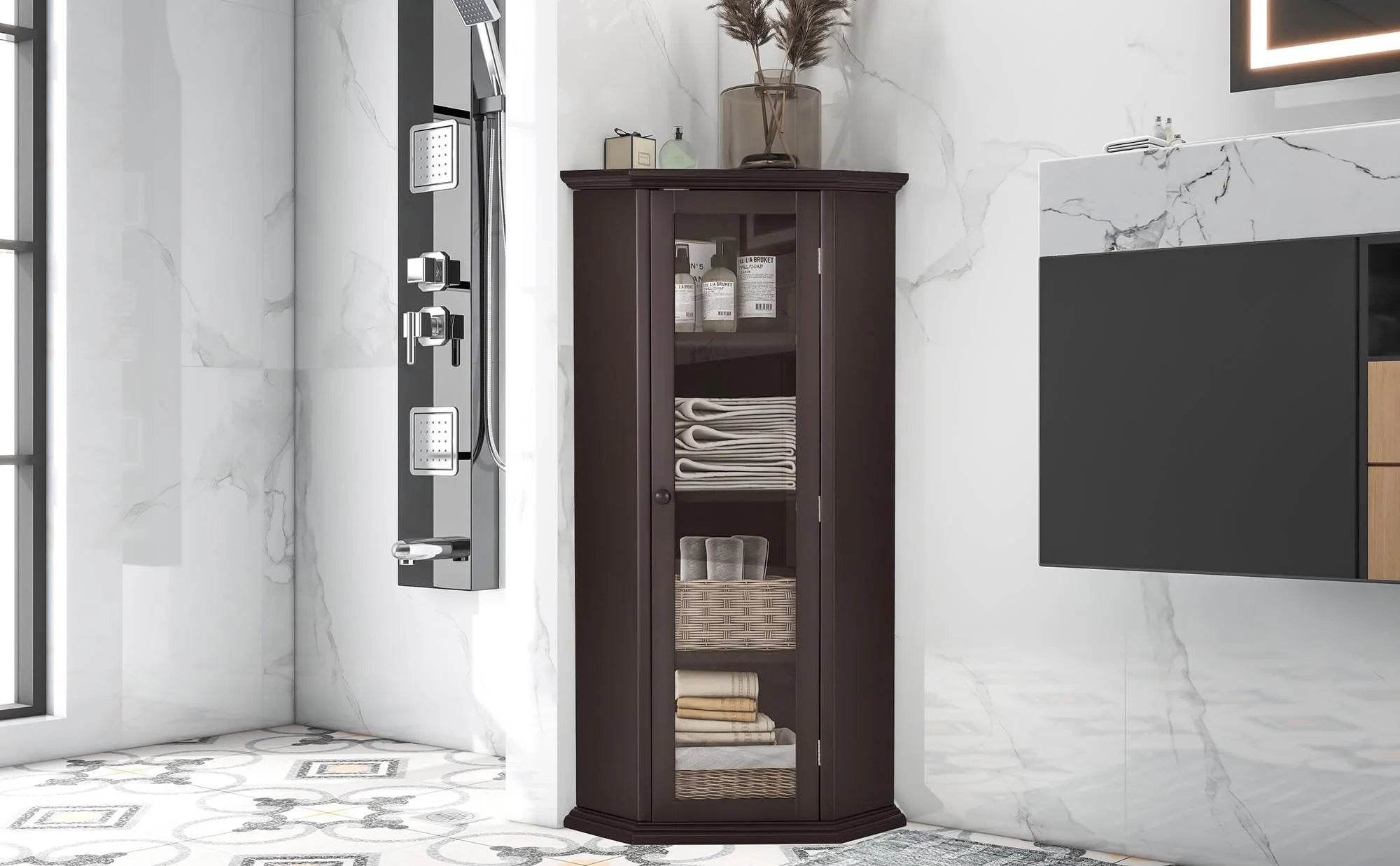 Freestanding Bathroom Cabinet with Glass Door, Corner Storage W61167