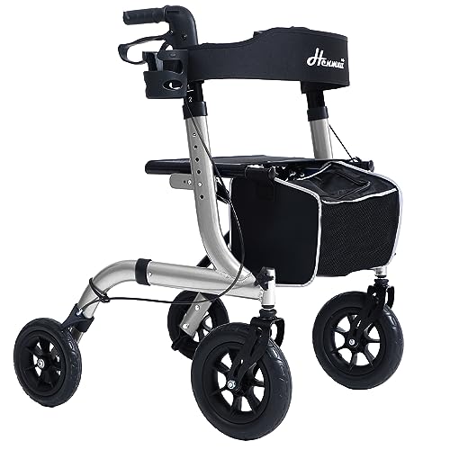 Rollator Walker for Seniors, Lightweight Foldable All Terrain Rolling Walker with seat, Aluminum Walkers with 10 inch Rubber Wheels, Handles and Backrest for Seniors and Adult
