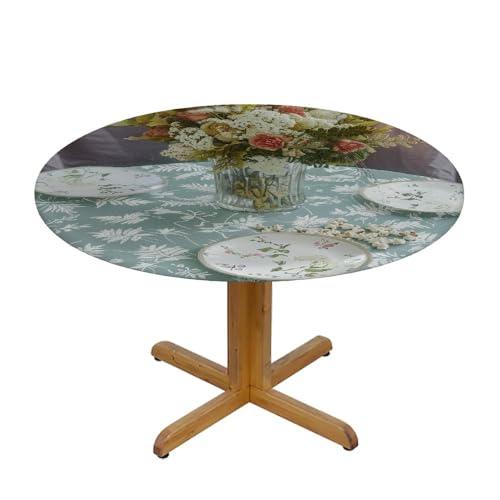 Round Vinyl Fitted Tablecloth with Flannel Backing, Elastic Edge, Waterproof X8595