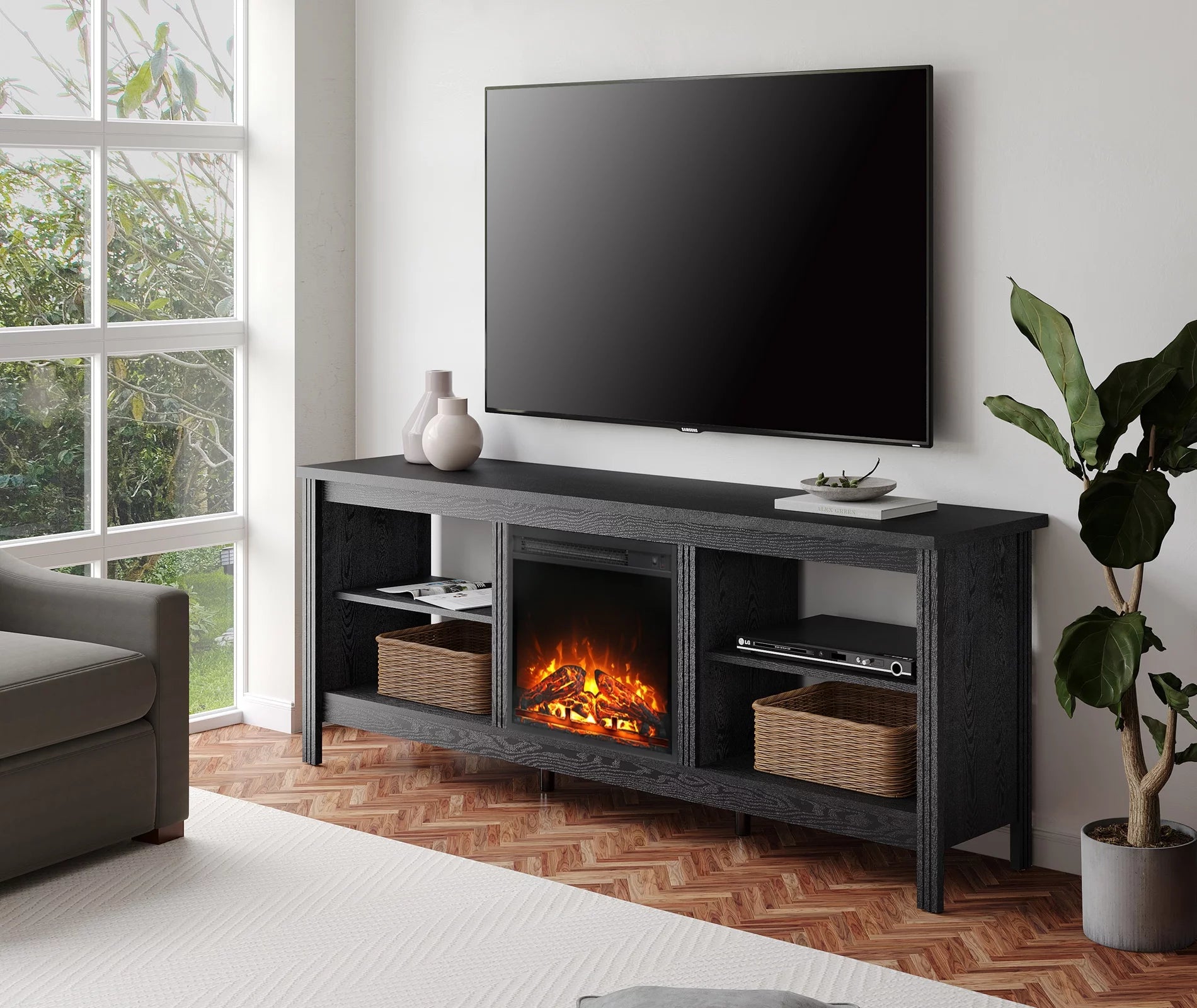 Wood Entertainment Center for TVs up to 80 Inch with Electric Fireplace, Black W2403