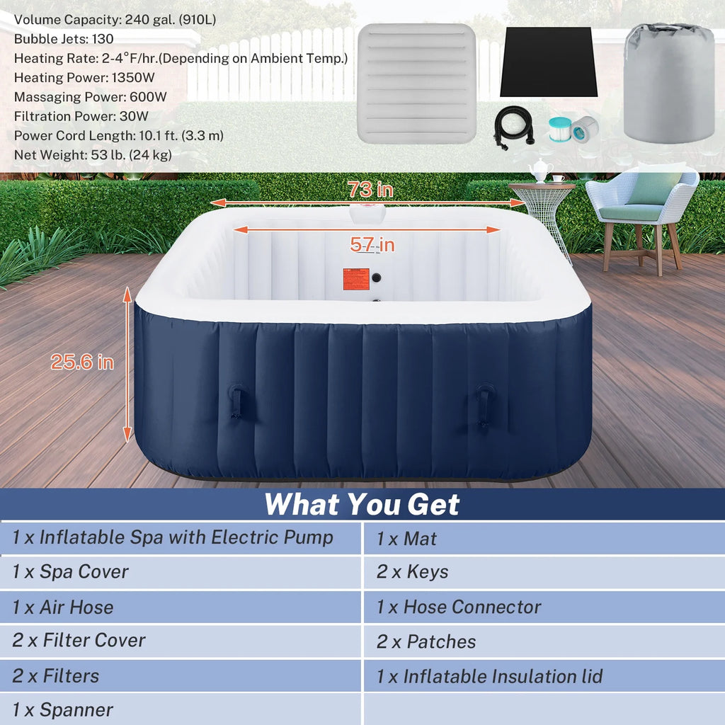 Inflatable Hot Tub for 6 Person, Portable Spa with 130 Jets, Lockable Cover and Storage Bag T3539