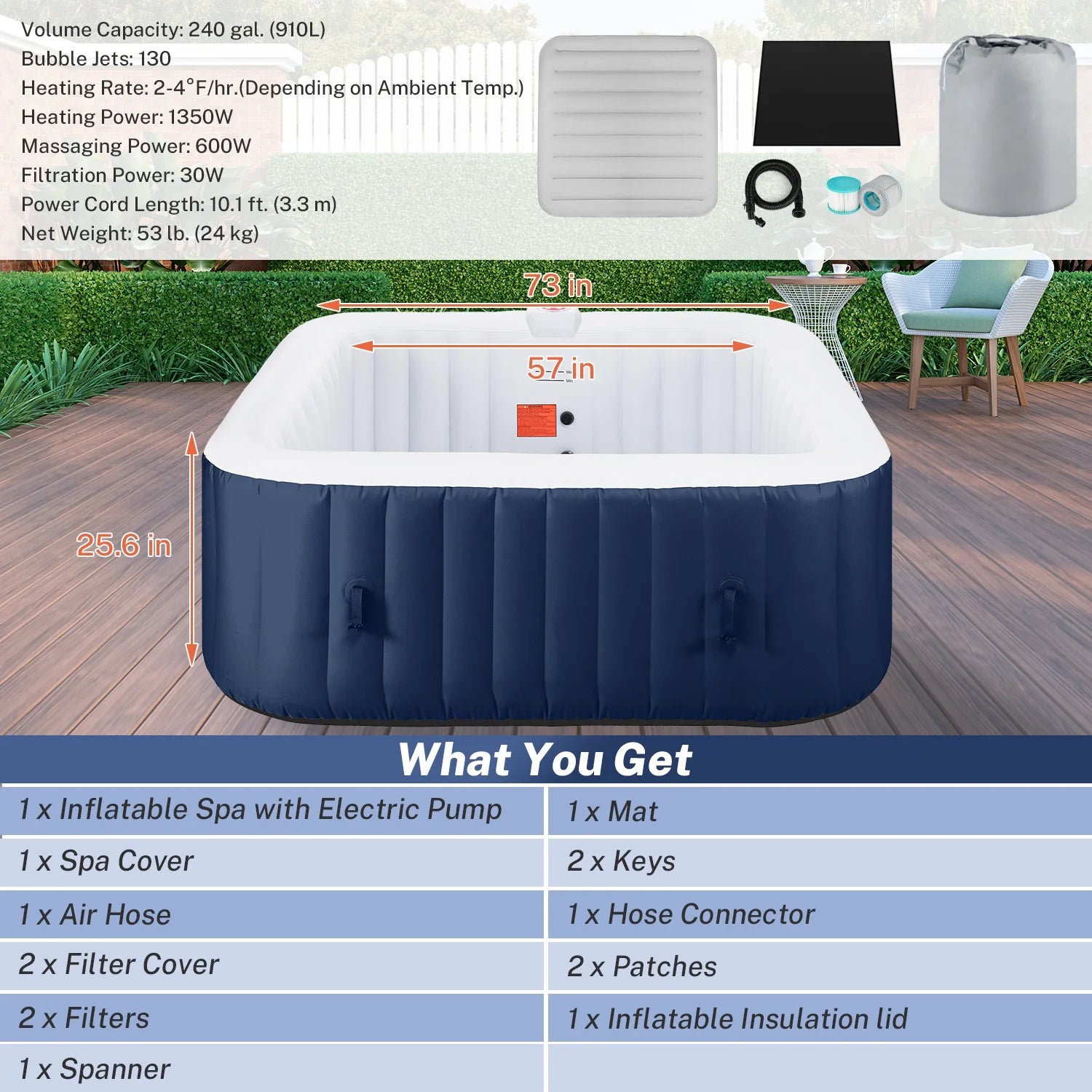 Inflatable Hot Tub for 6 Person, Portable Spa with 130 Jets, Lockable Cover and Storage Bag T3539