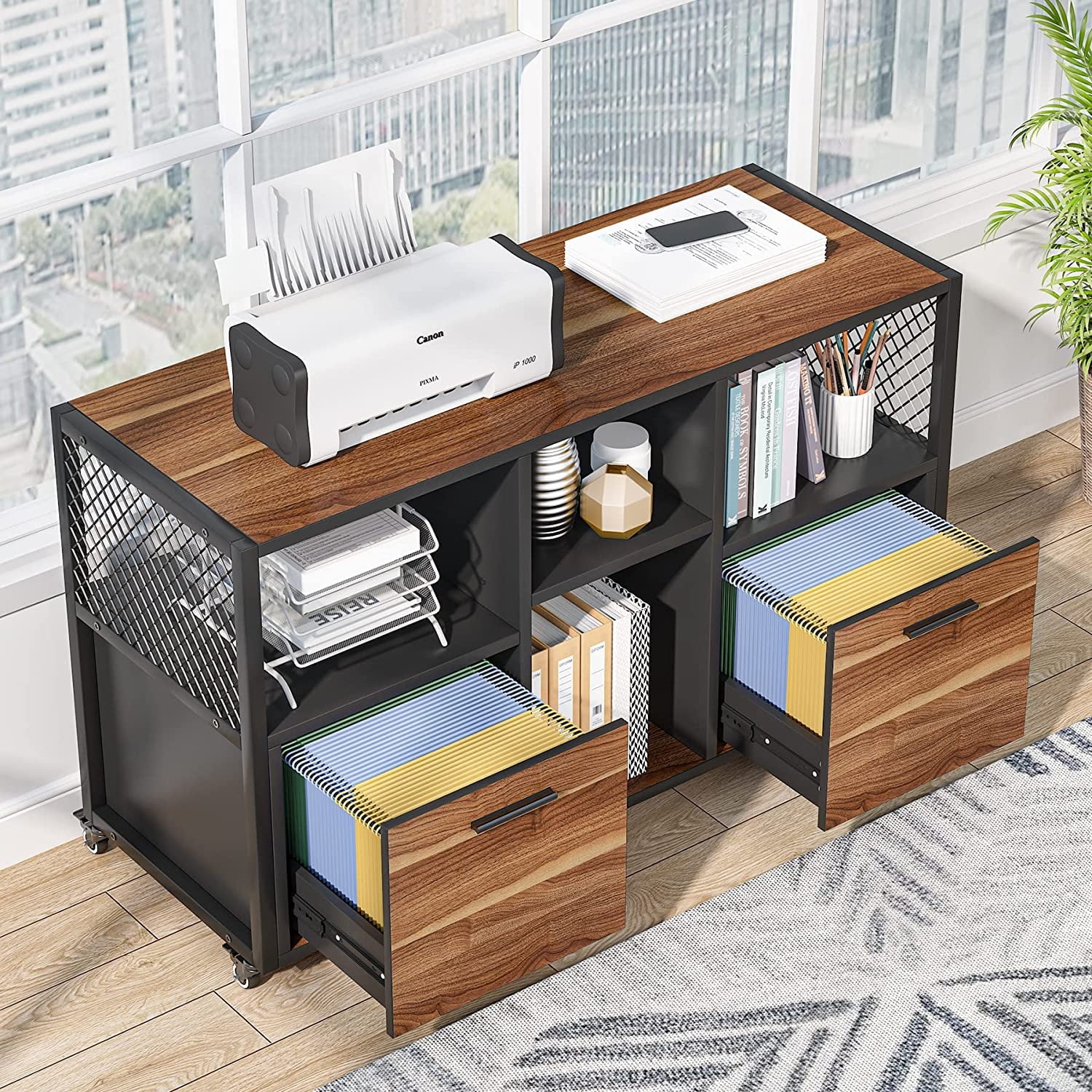 2 Drawer Wood File Cabinet, Mobile Lateral Filing Cabinet, Rustic Brown B224900