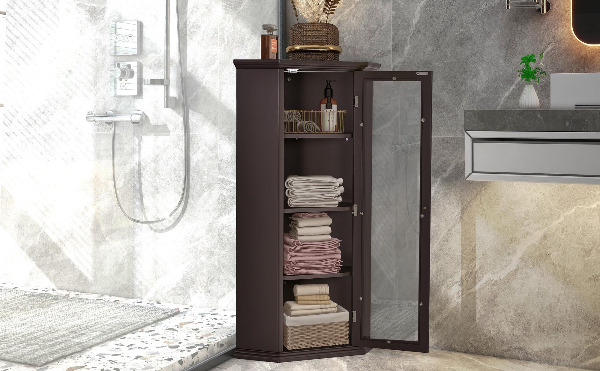 Freestanding Bathroom Cabinet with Glass Door, Corner Storage W61167