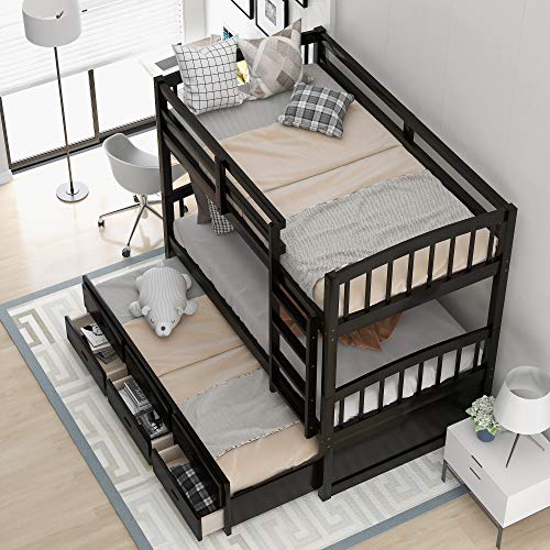 Twin Over Twin Bunk Bed with Storage Drawers and Trundle, Solid Wood Frame G366