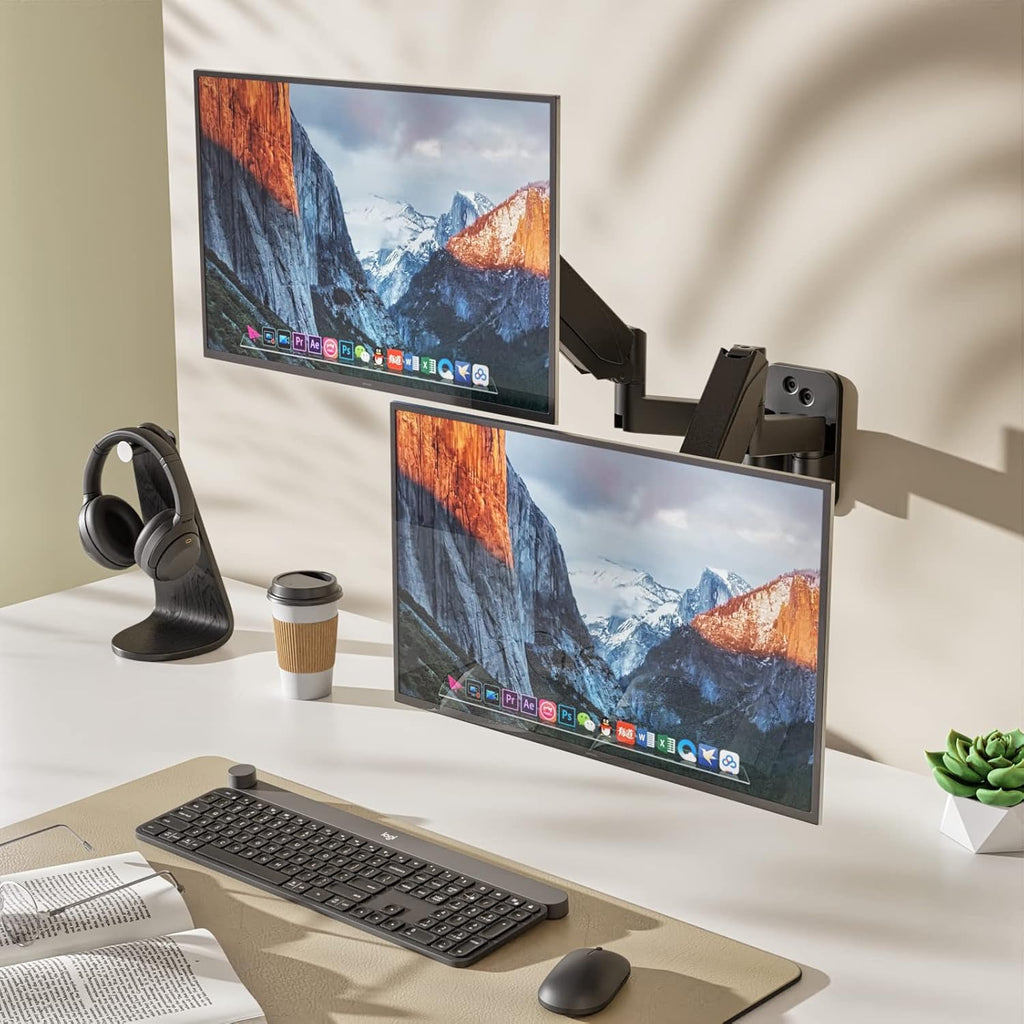 Dual Monitor Wall Mount, Gas Spring Arm for 17-32 Inch Screens, Full Motion Adjustable, Black T1803