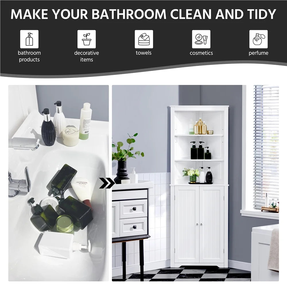 Wooden Corner Cabinet with Open Shelf for Bathroom, White X13559