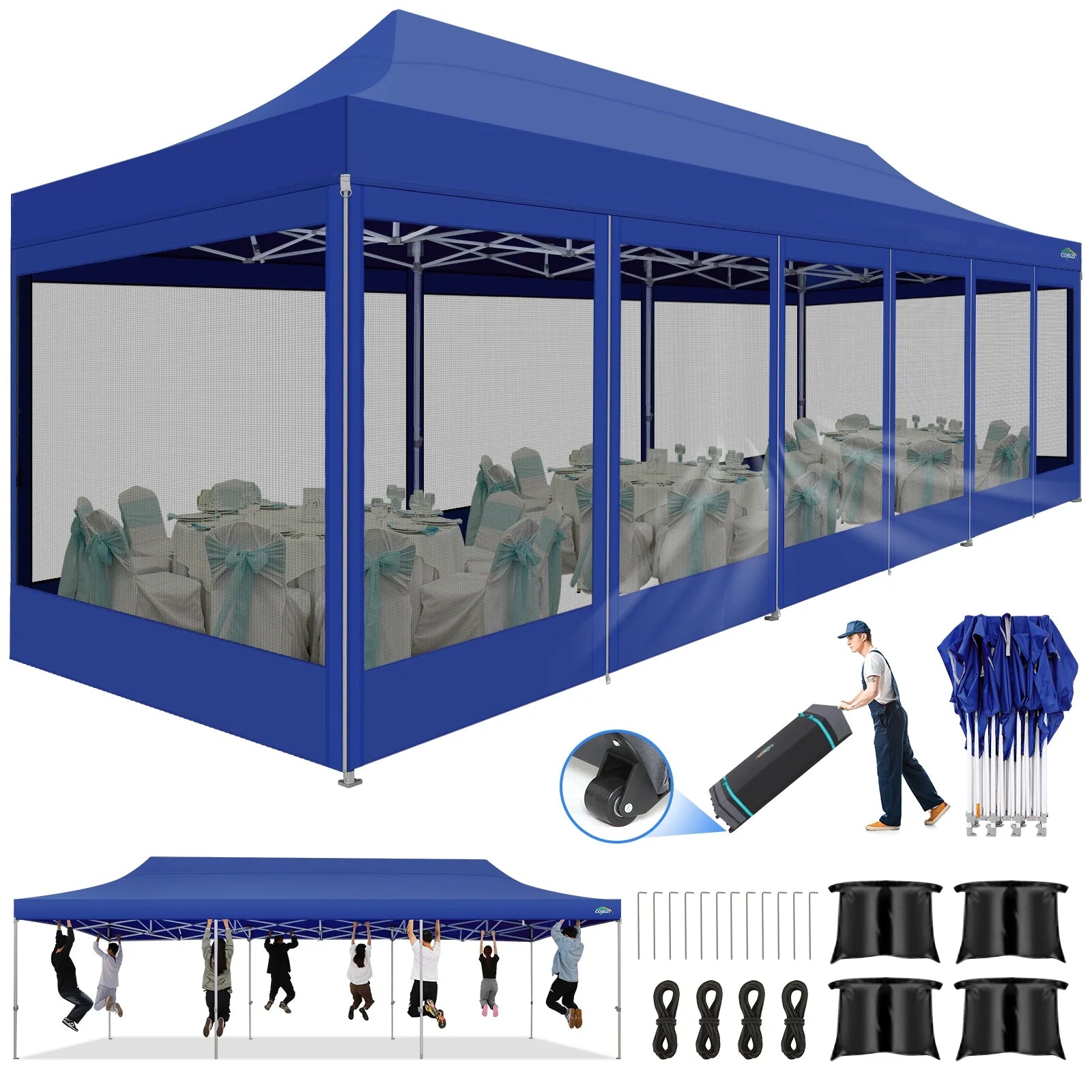 10x30 Pop Up Canopy Tent with Netting and Sidewalls, Waterproof, Outdoor Party Shelter H534