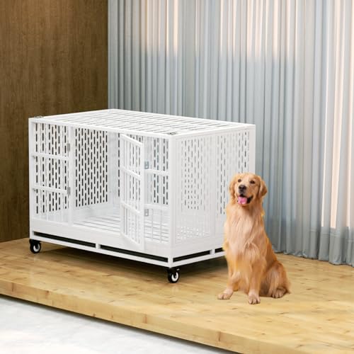 48 Inch Heavy Duty Dog Crate with Wheels, Folding Metal Cage X431