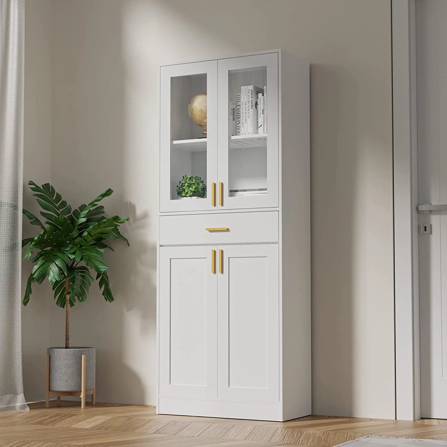 White Display Cabinet with Acrylic Glass Doors and Drawer U2968