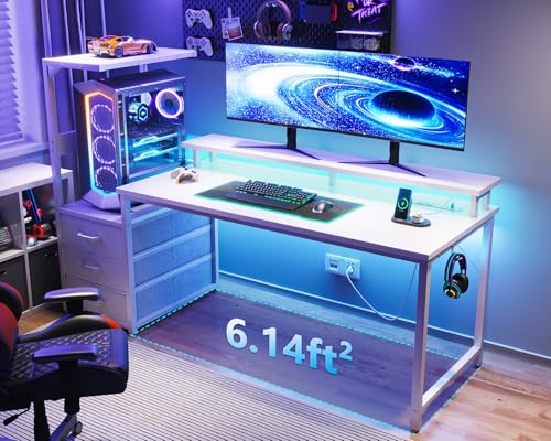 Gaming Desk with USB Charging Ports & LED Light, Reversible Computer Desk with Storage Shelves T781