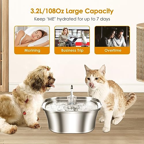 Cat Water Fountain with Water Level Window, 3.2L Stainless Steel E59293