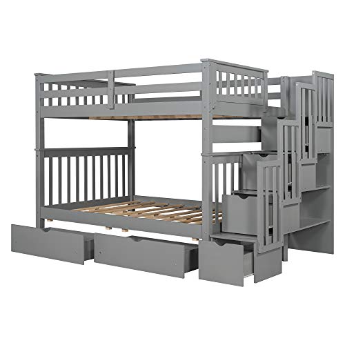 Twin Over Twin/Full Bunk Bed with Trundle and Drawers, Solid Wood Staircase T72769