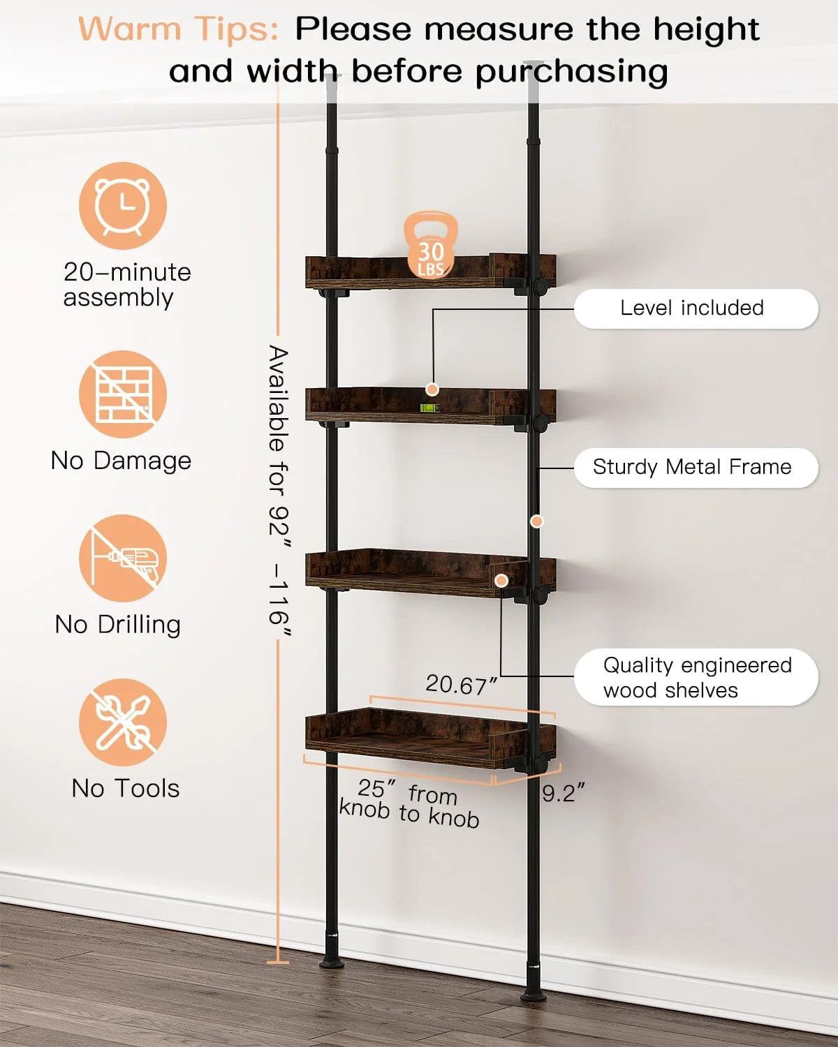 Bathroom Organizer, Over The Toilet Storage, 4-Tier Adjustable Wood Shelves C792