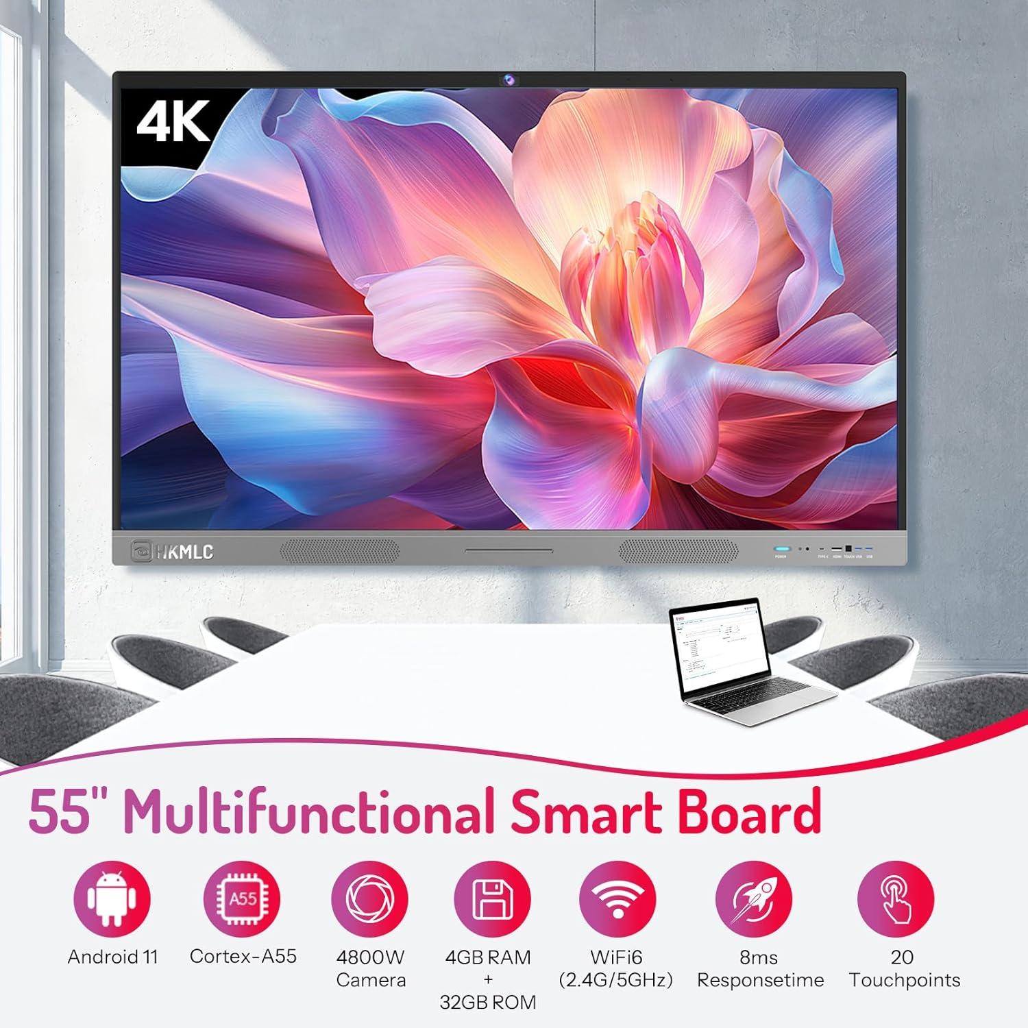 55" Interactive Whiteboard with 4K Touchscreen and Stand U18061