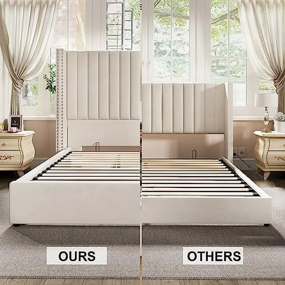 Queen Bed Frame Lift Up Storage Bed, Velvet Upholstered with Wingback Headboard W92086