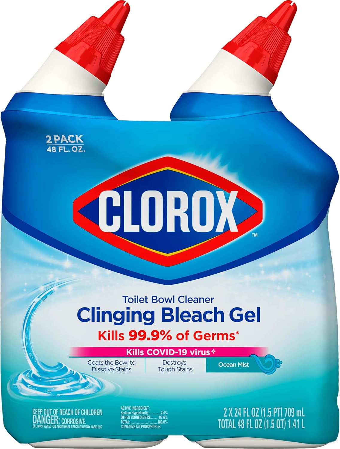 Toilet Bowl Cleaner, Clinging Bleach Gel, Ocean Mist, 24 oz, Pack of 2 V8777