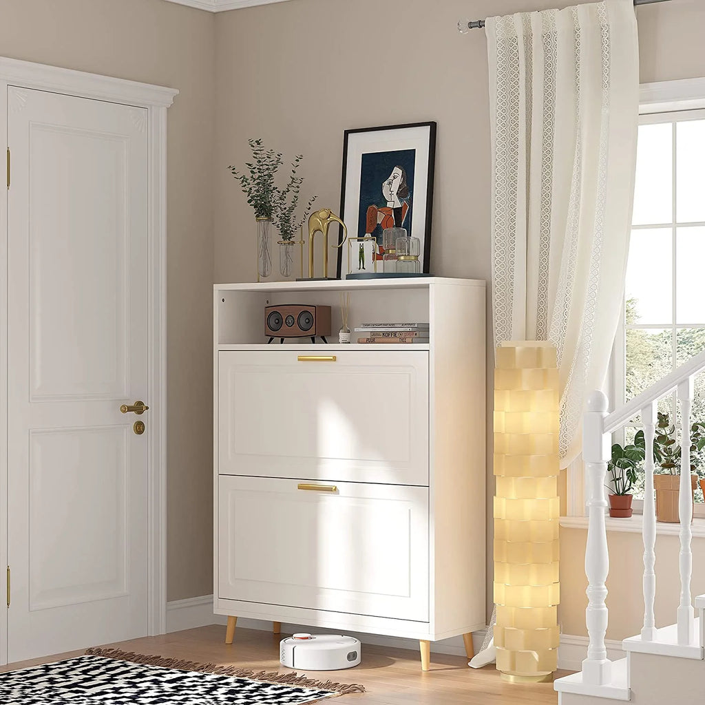 Slim Shoe Cabinet with 2 Flip Drawers for Entryway, White Z571
