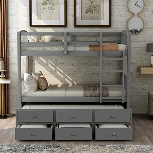 Twin Over Twin Bunk Bed with Storage Drawers and Trundle, Solid Wood Frame G366