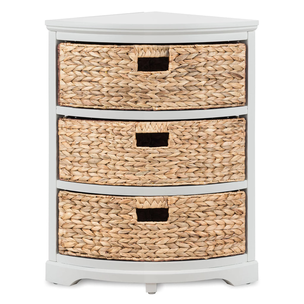 3 Tier Corner Storage Cabinet with 3 Wicker Baskets, White N35008