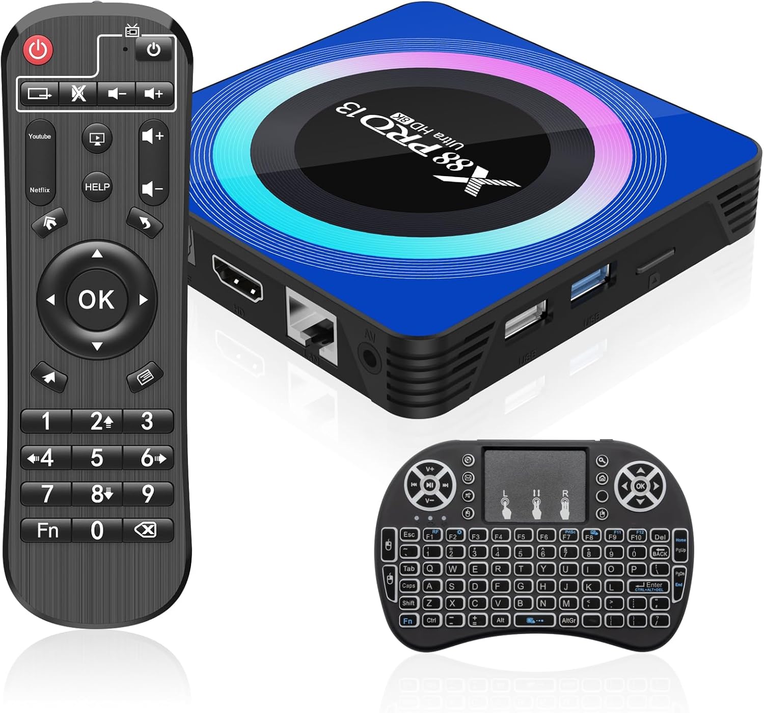 Android 13.0 TV Box, 6K 8K Android Box with 4GB RAM 64GB ROM RK3528 Quad-Core Support WiFi6 2.4Ghz/5.0Ghz HDR10 BT 5.0 H.265 USB 2.0 3.0 3D Ethernet with Mini Backlit Keyboard