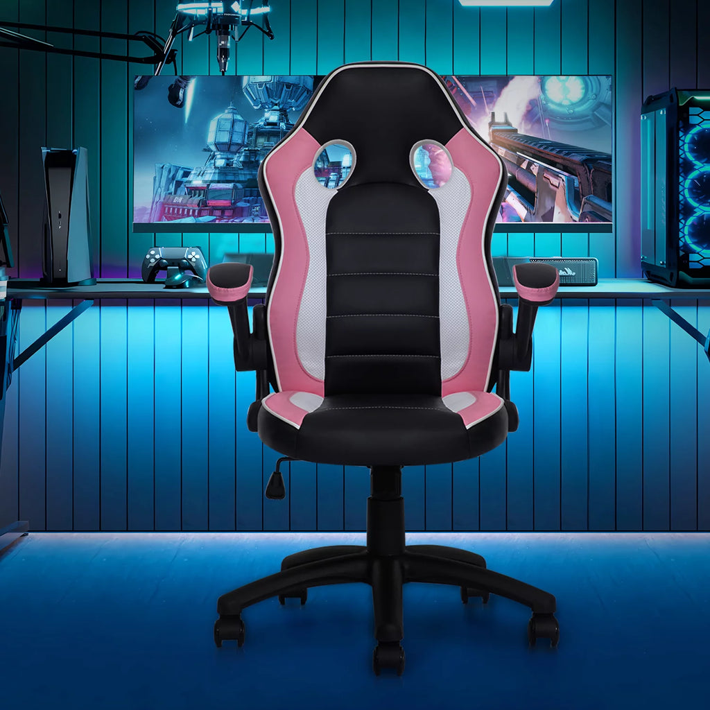 PU Leather Gaming Chair with Flip-Up Arms, Black/Pink D543