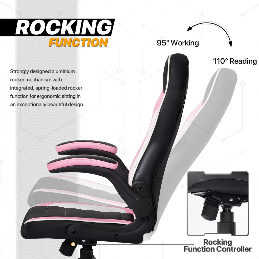 PU Leather Gaming Chair with Flip-Up Arms, Black/Pink D543