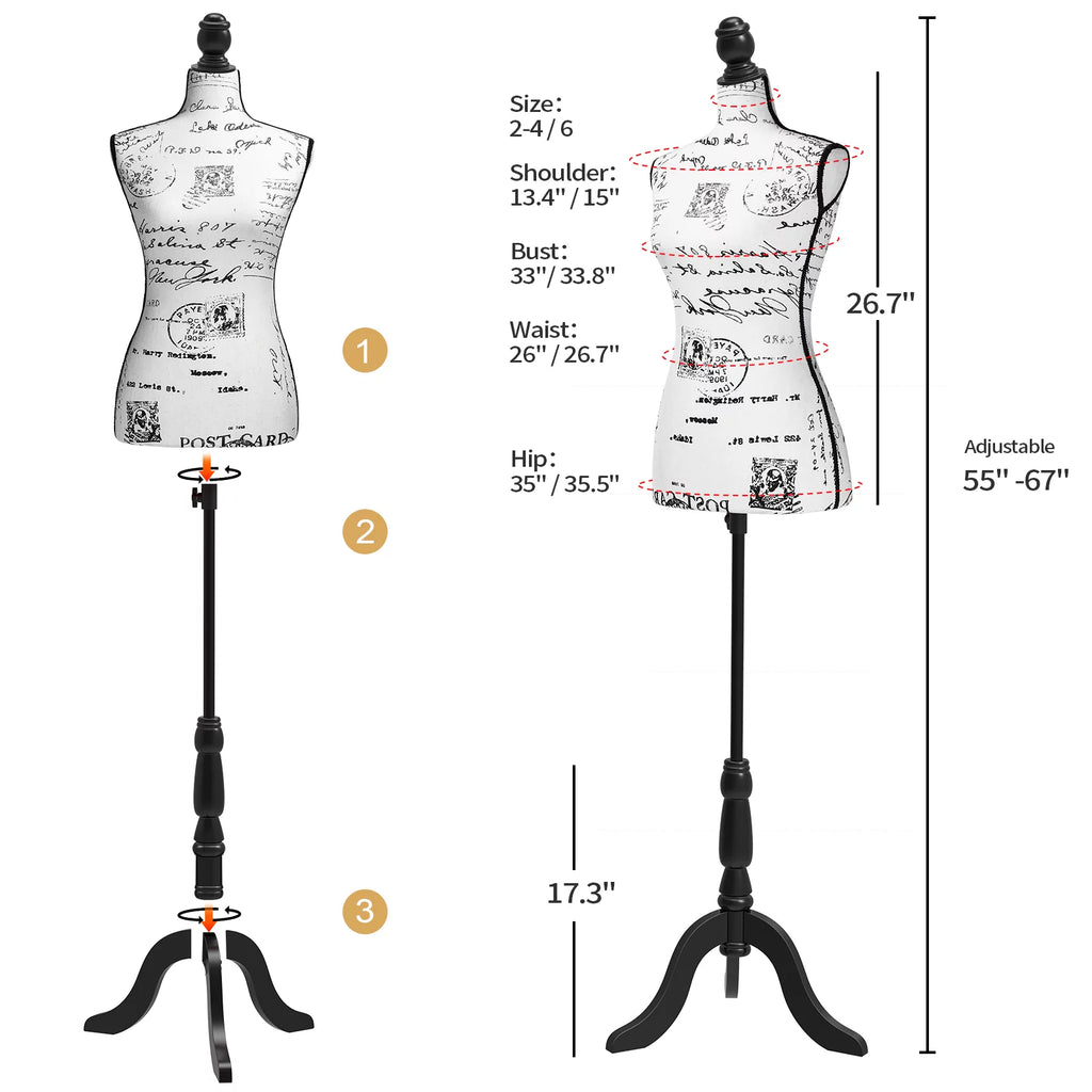 Dress Form Mannequin Torso with Wooden Tripod Base Stand X19594