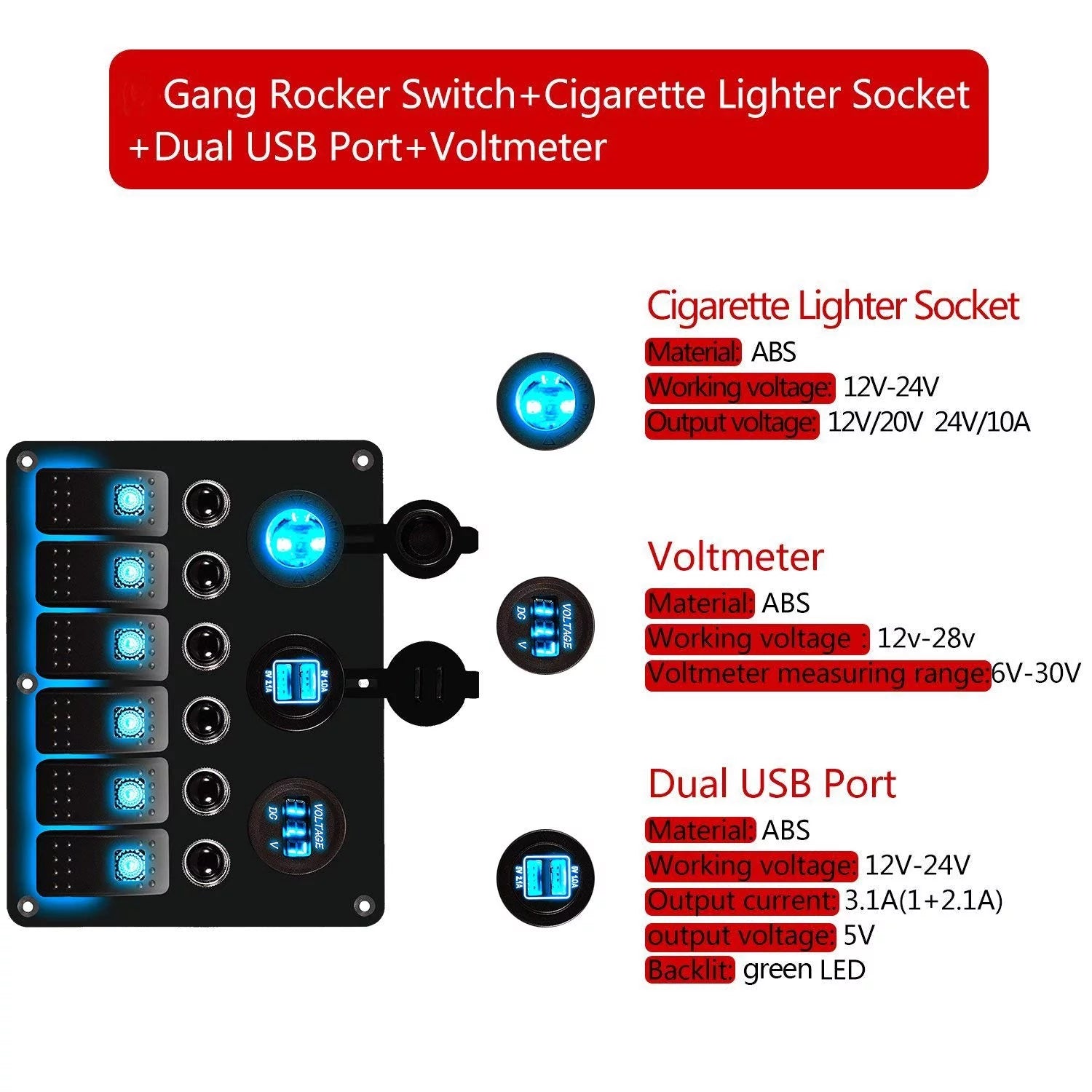6 Gang LED Rocker Switch Panel Dual USB Waterproof Voltmeter U420905