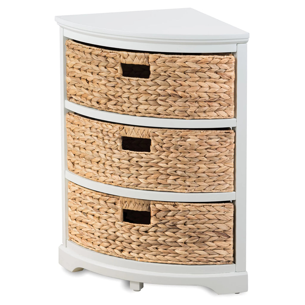 3 Tier Corner Storage Cabinet with 3 Wicker Baskets, White N35008