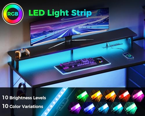 Gaming Desk with USB Charging Ports & LED Light, Reversible Computer Desk with Storage Shelves T781