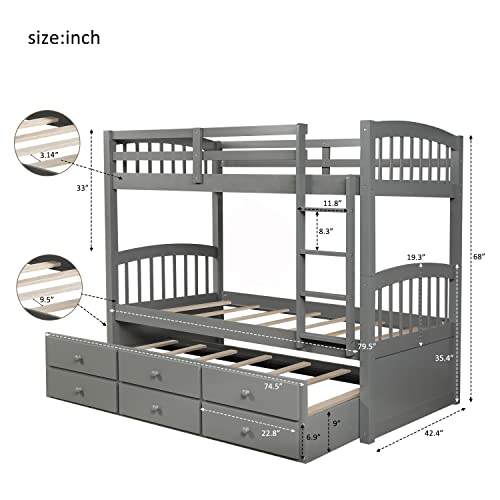 Twin Over Twin Bunk Bed with Storage Drawers and Trundle, Solid Wood Frame G366